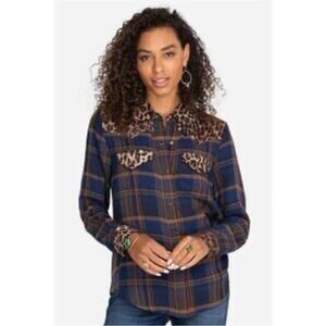 Johnny Was Wrkshp Leopard & Flannel Western Pearl Snap Button Down Size XS #1033